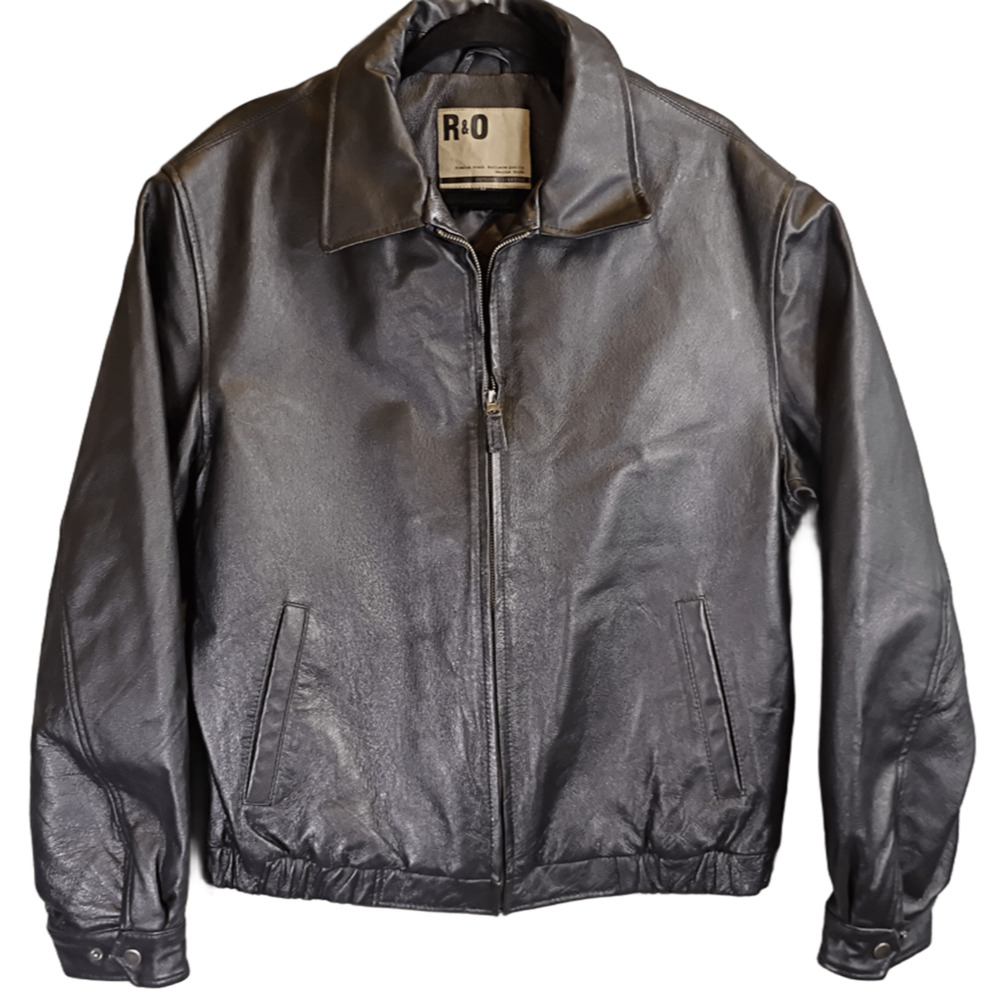 R&O Mens Medium Black Leather Bomber Jacket Quilted Lining Casual Outerwear